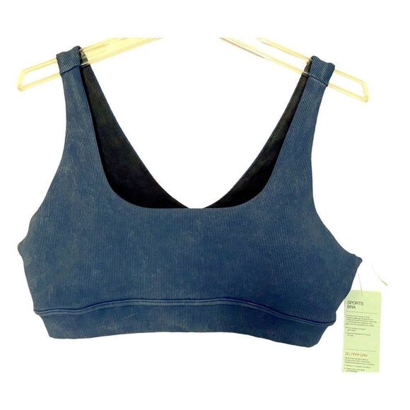 ZELLA Nordstrom Sz XL Live In Blue Rib Sports Bra Square Neck V-Back NEW - Picture 1 of 5